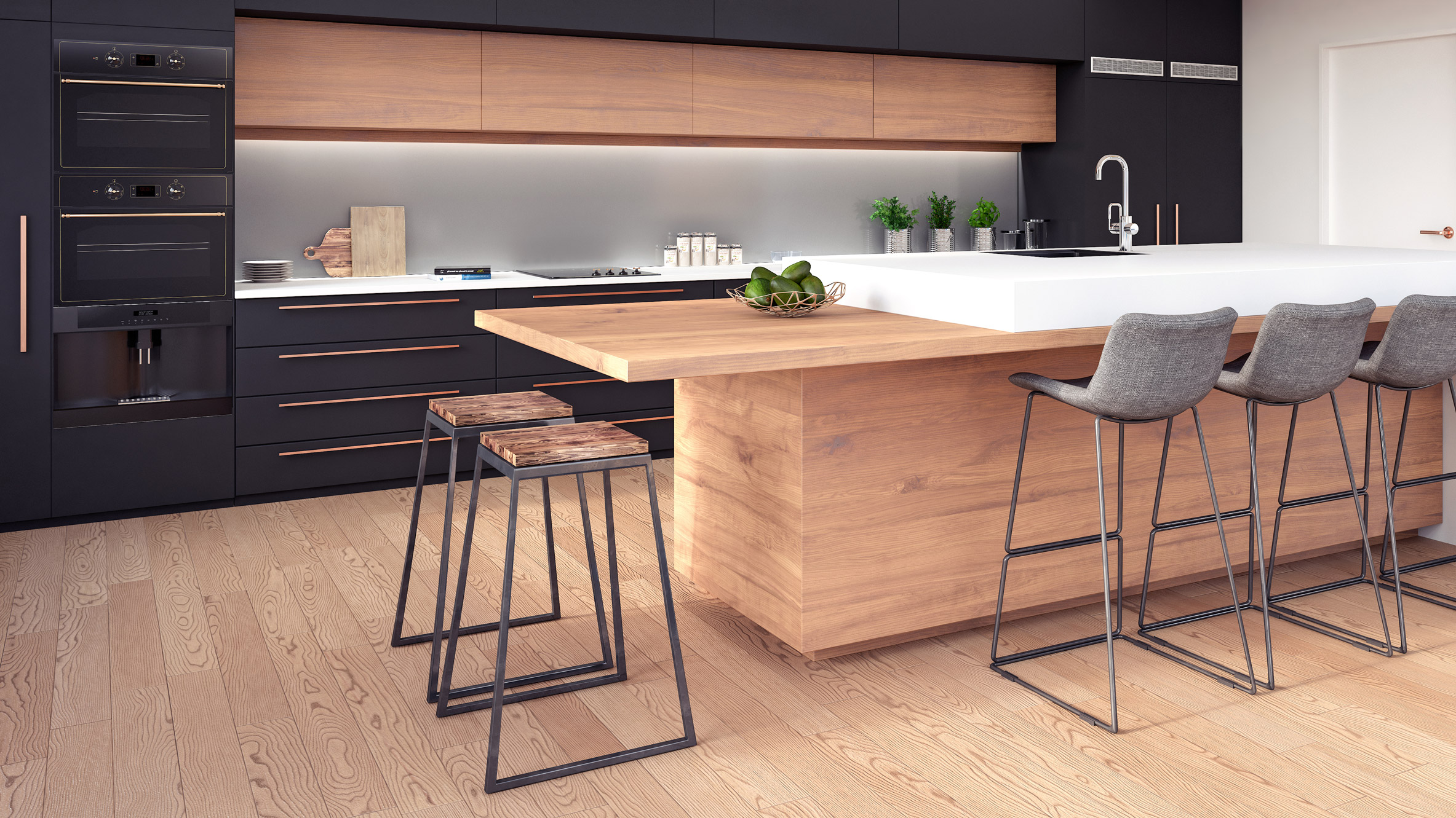 Kitchen of the wooden house with an indoor garden in the background