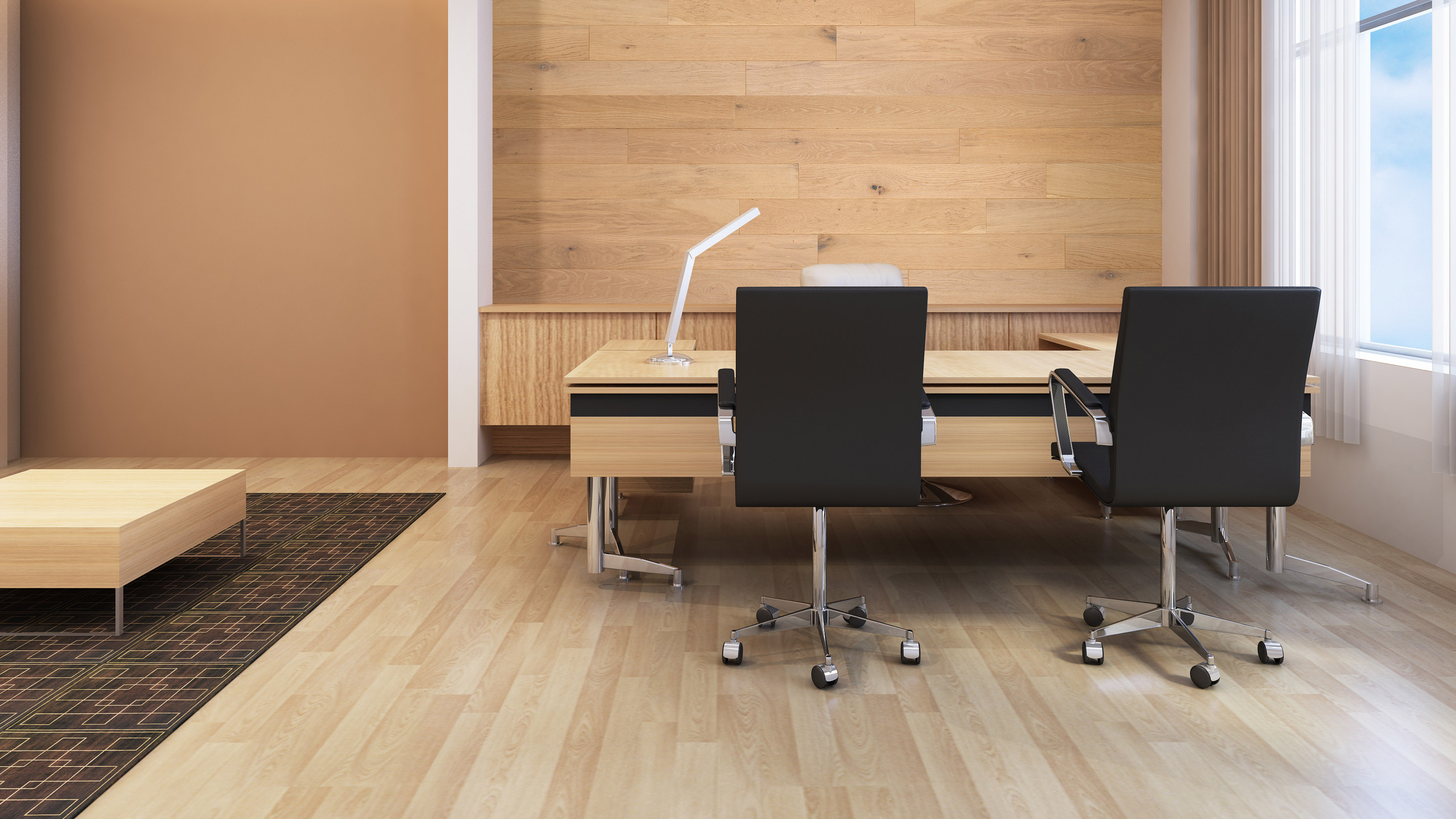 Kitchen of the wooden house with an indoor garden in the background